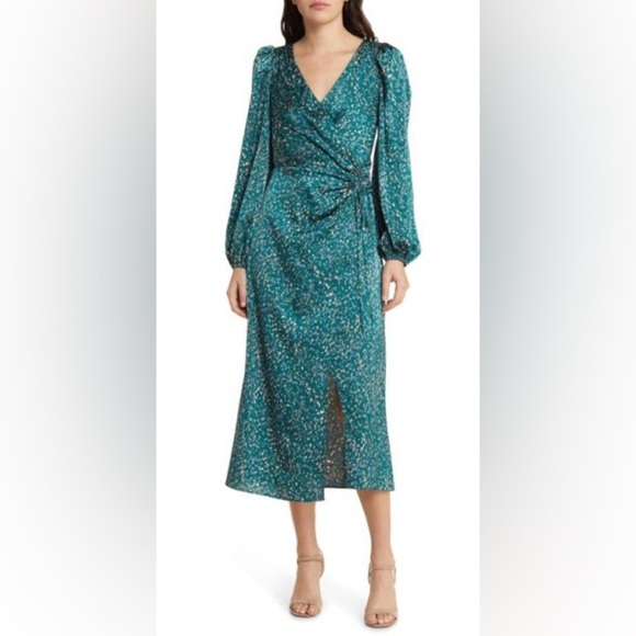 FLORET STUDIOS Elegant Long Sleeve Satin Faux Wrap Midi Dress Size Medium Green - Picture 2 of 16